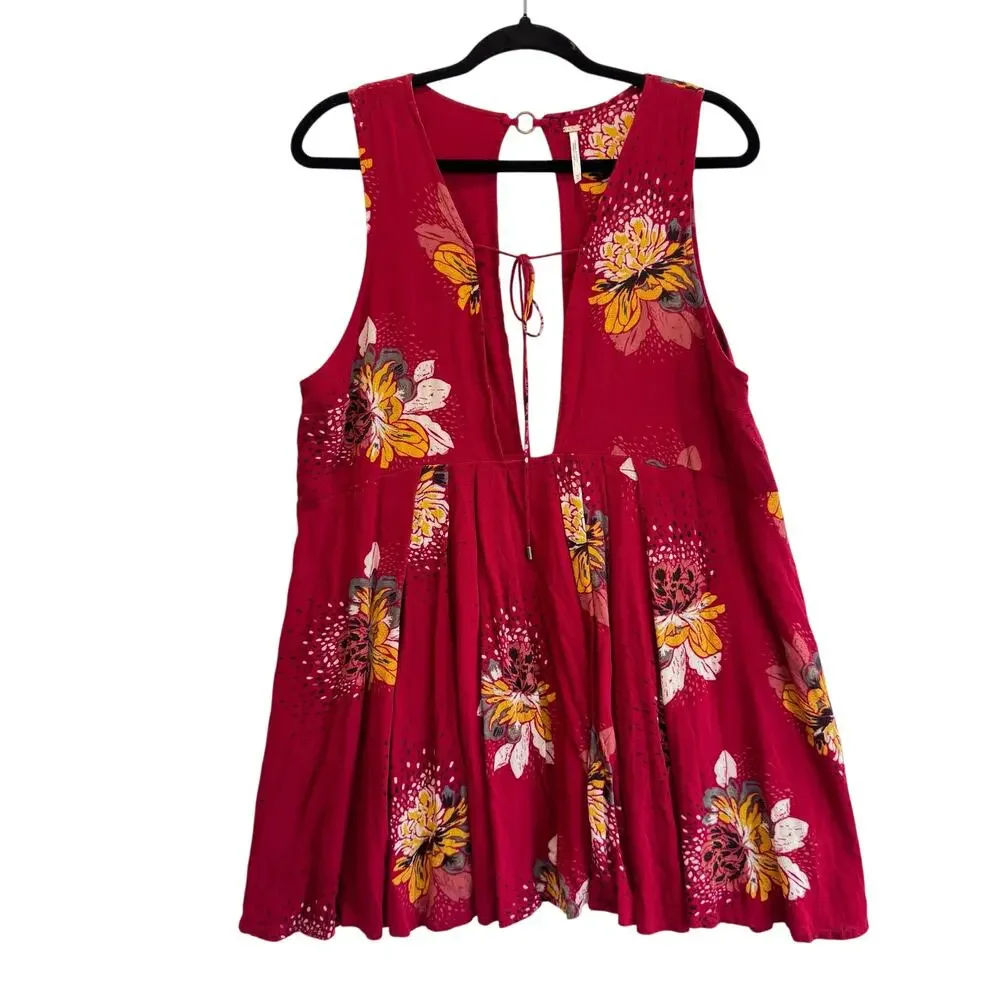 Free People Floral Sleeveless Dress M Red Yellow Boho Open Back Tie Festival